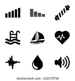 Wave icons set. set of 9 wave filled icons such as hair curler, equalizer, music equalizer, volume, swimming pool, drop, signal, sailboat
