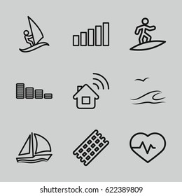 Wave icons set. set of 9 wave outline icons such as hair curler, equalizer, heartbeat, signal, sailboat, sea and gull, surfing