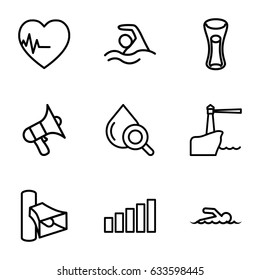 Wave icons set. set of 9 wave outline icons such as milk glass, drop under magnifier, volume, heartbeat, signal, swimmer, lighthouse