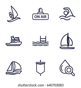 Wave icons set. set of 9 wave outline icons such as drop under magnifier, pool, open air, sailboat, surfing, boat, sail