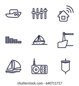 Wave icons set. set of 9 wave outline icons such as boat, equalizer, radio, sailboat, lighthouse, sail