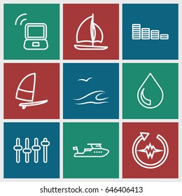 Wave icons set. set of 9 wave outline icons such as boat, equalizer, drop, sea and gull, laptop signal, sailboat, windsurfing