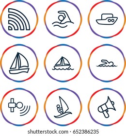 Wave icons set. set of 9 wave outline icons such as boat, volume, wi-fi, swimmer, surfing, swimming, sailboat