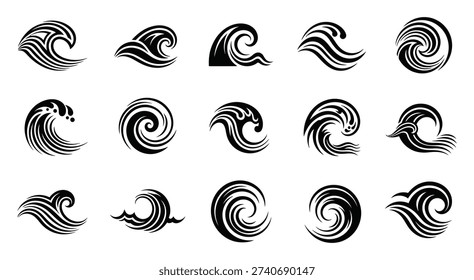Wave Icons Set Black White Vector Illustration