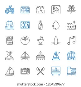 wave icons set. Collection of wave with beach, surfboard, paddles, voice recorder, boat, live, eruption, music, satellite dish, wifi, water drop. Editable and scalable wave icons.