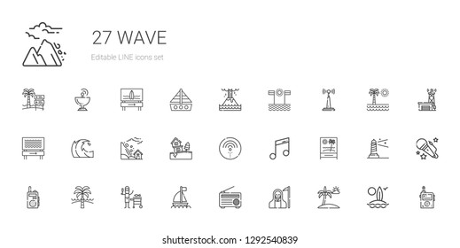 wave icons set. Collection of wave with beach, death, radio, boat, fish, walkie talkie, music, wifi, landslide, antenna, eruption, surfboard. Editable and scalable wave icons.