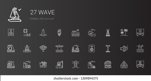 wave icons set. Collection of wave with live, landslide, lighthouse, death, pool, tsunami, antenna, wifi, earthquake, beach, signal, boat, swimming pool. Editable and scalable wave icons.