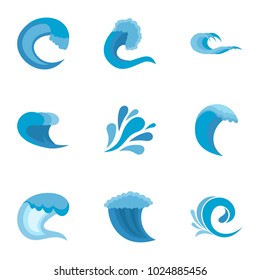 Wave icons set. Flat set of 9 wave vector icons for web isolated on white background