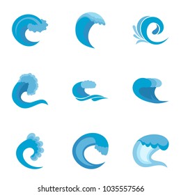 Wave icons set. Flat set of 9 wave vector icons for web isolated on white background