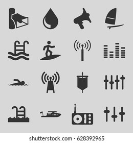 Wave icons set including signal tower, boat, radio, swimming pool