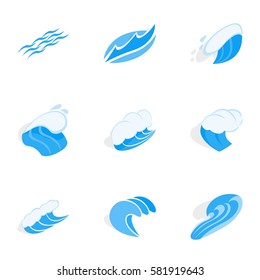 Wave icons set. Isometric 3d illustration of 9 wave vector icons for web