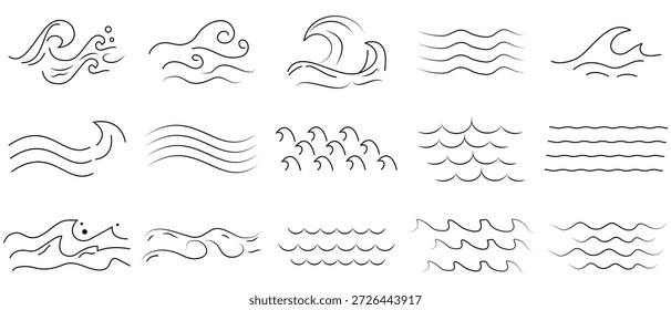  wave icons set .Out line icon of  Water waves, ocean wave and splashes nautical storm black tattoo symbols. Water tribal tidal streams with breeze swirls. Vector illustration. 