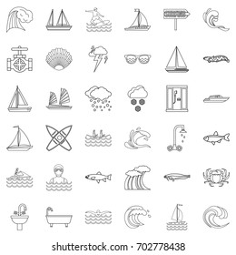 Wave icons set. Outline style of 36 wave vector icons for web isolated on white background