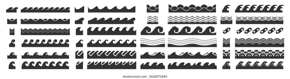 Wave Icons Set. Vector Water Wave Patterns, Wavy Lines, Curves, Sea and Ocean Elements Collection Isolated on Transparent Background