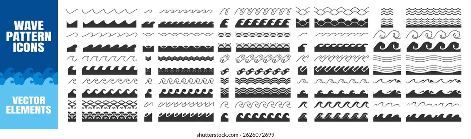 Wave Icons Set. Vector Water Wave Patterns, Wavy Lines, Curves, Sea and Ocean Elements Collection Isolated on Transparent Background