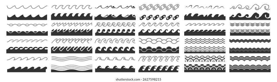 Wave Icons Set. Vector Water Wave Patterns, Wavy Lines, Curves, Sea and Ocean Elements Collection Isolated on Transparent Background