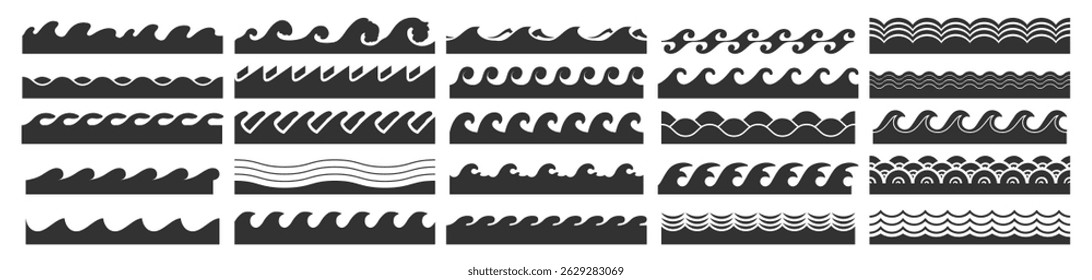 Wave Icons Set. Vector Water Wave Patterns, Wavy Lines, Curves, Sea and Ocean Elements Collection Isolated on Transparent Background
