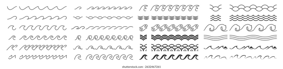 Wave Icons Set. Vector Water Wave Patterns, Wavy Lines, Curves, Sea and Ocean Elements Collection Isolated on Transparent Background