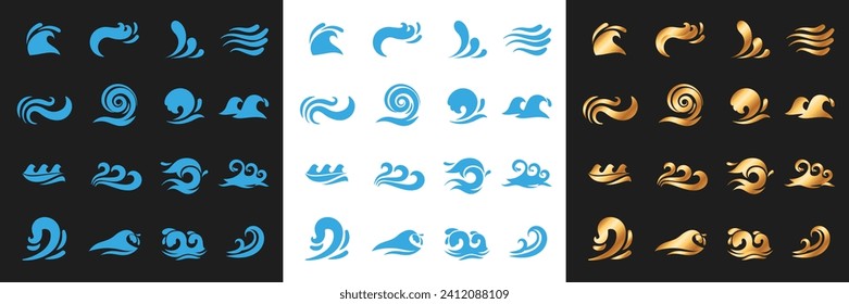 Wave icons set. water sea element, ocean liquid curve, flowing swirl storm in blue and golden style. Can be used as an icon, symbol or logo design, vector illustration