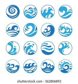 Wave Icons Set. Water Symbol or Logo design. Ocean, Sea, Beach. Circle icons.
Flat design. Contour line. Realistic images. Vector Illustration. 