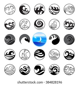 Wave Icons Set. Water Symbol or Logo design. Ocean, Sea, Beach.
Flat design. Contour line. Realistic images. Vector Illustration. 