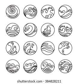 Wave Icons Set. Water Symbol or Logo design. Ocean, Sea, Beach.
Flat design. Contour line. Realistic images. Vector Illustration. 
