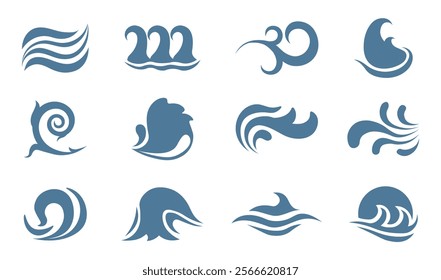 Wave icons set. Wavy waters and swirls. Nautical travel. Underwater world. Sea or ocean. Aqua and water. Stream and splash. Flat vector collection isolated on white background