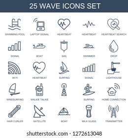 wave icons. Trendy 25 wave icons. Contain icons such as swimming pool, laptop signal, heartbeat, heartbeat search, signal, boat, sail, swimmer, drop. wave icon for web and mobile.
