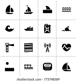 Wave icons. vector collection filled wave icons. includes symbols such as oil can, signal, heartbeat, sail boat, sea, wave, buoy, plaid. use for web, mobile and ui design.