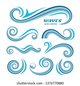 Wave icons, vector set of simple swirls and splashes, curly shapes on white, decorative elements for logo design