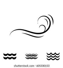 Wave Icons or Water Liquid Symbols Isolated on White. Sea, River or Oceanic Flowing Sign, Bending Lines