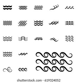 Wave Icons or Water Liquid Symbols Isolated on White. Sea, River or Oceanic Flowing Sign, Bending Lines