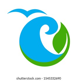 wave and leaf  logo design template abstract, tropical logo
