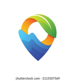 Logo de ondulación y hoja con concepto de ubicación de pin