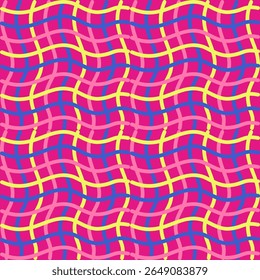 Wave length seamless pattern with colorful stripes lines patchwork on pink background. For textile, print,  bags, costumes, crafts,  home decor, paper.