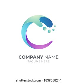 Wave letter C logo with 3d concept in gradient blue color style