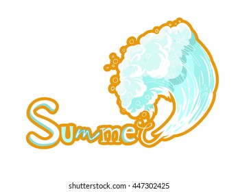 Wave lettering and text Summer and turquoise color, with an orange outline around. On a white background. Vector illustration. isolate.