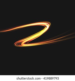 The wave of light with sparkling lines. Bokeh particles on the swirling lines. Motion element on black background glowing light. Shiny gold color dodge effect. Vector illustration.