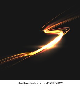 The wave of light with sparkling lines. Bokeh particles on the swirling lines. Motion element on black background glowing light. Shiny gold color dodge effect. Vector illustration.