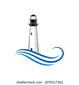 Wave and lighthouse logo  icon and vector