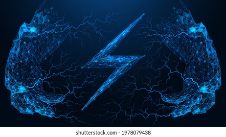 Wave lightning coming from the fingers of the hand. The sign of electricity. Polygonal construction of lines and points. Blue background.