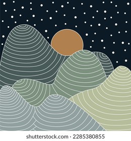 Wave line art landscape background. Abstract mountains banner design pattern. Night sky with stars and moon.