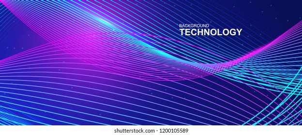 wave line background with smooth shape. Beautiful waving line in blue background color. Horizontal banner template. Abstract futuristic template. Technology wallpaper with vibrant color.