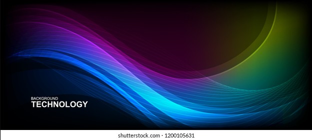 wave line background with smooth shape. Beautiful waving line in blue background color. Horizontal banner template. Abstract futuristic template. Technology wallpaper with vibrant color.