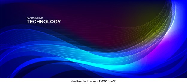 wave line background with smooth shape. Beautiful waving line in blue background color. Horizontal banner template. Abstract futuristic template. Technology wallpaper with vibrant color.