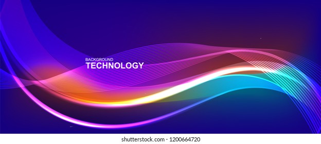 wave line background with smooth shape. Beautiful waving line in blue background color. Horizontal banner template. Abstract futuristic template. Technology wallpaper with vibrant color.