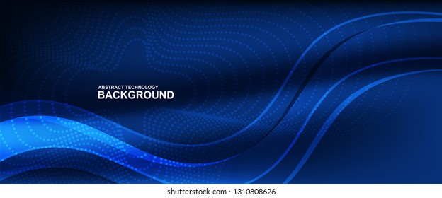 wave line background with smooth shape. Beautiful waving line in blue background color. Horizontal banner template. Abstract futuristic template. Technology wallpaper with vibrant color.