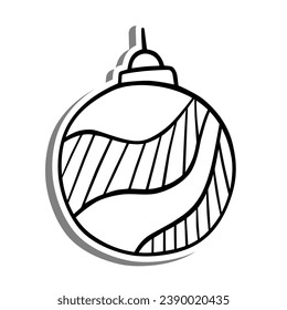 Wave Line Christmas Ball Outline on white silhouette and gray shadow. Hand drawn cartoon style. Vector illustration for decorate and any design.