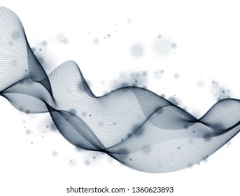Wave line of flowing particles abstract vector background, smooth curvy shape dots fluid array. 3d shape dots blended mesh, future technology relaxing wallpaper.