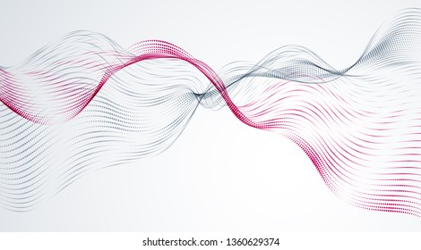 Wave line of flowing particles abstract vector background, smooth curvy shape dots fluid array. 3d shape dots blended mesh, future technology relaxing wallpaper.